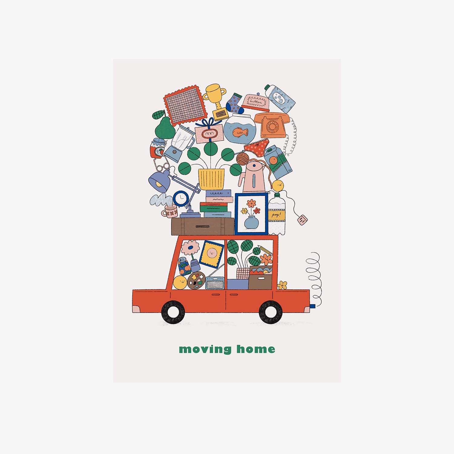 Moving Home Greetings Card by Holly Fuller, colourful car and boxes illustration, sustainably sourced 300gsm plastic-free card with kraft envelope, eco-friendly UK made greeting