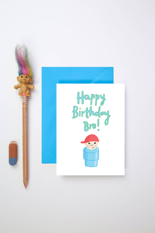 Sustainable Brother Birthday Card, front view with hand-drawn toy and bright blue envelope alongside