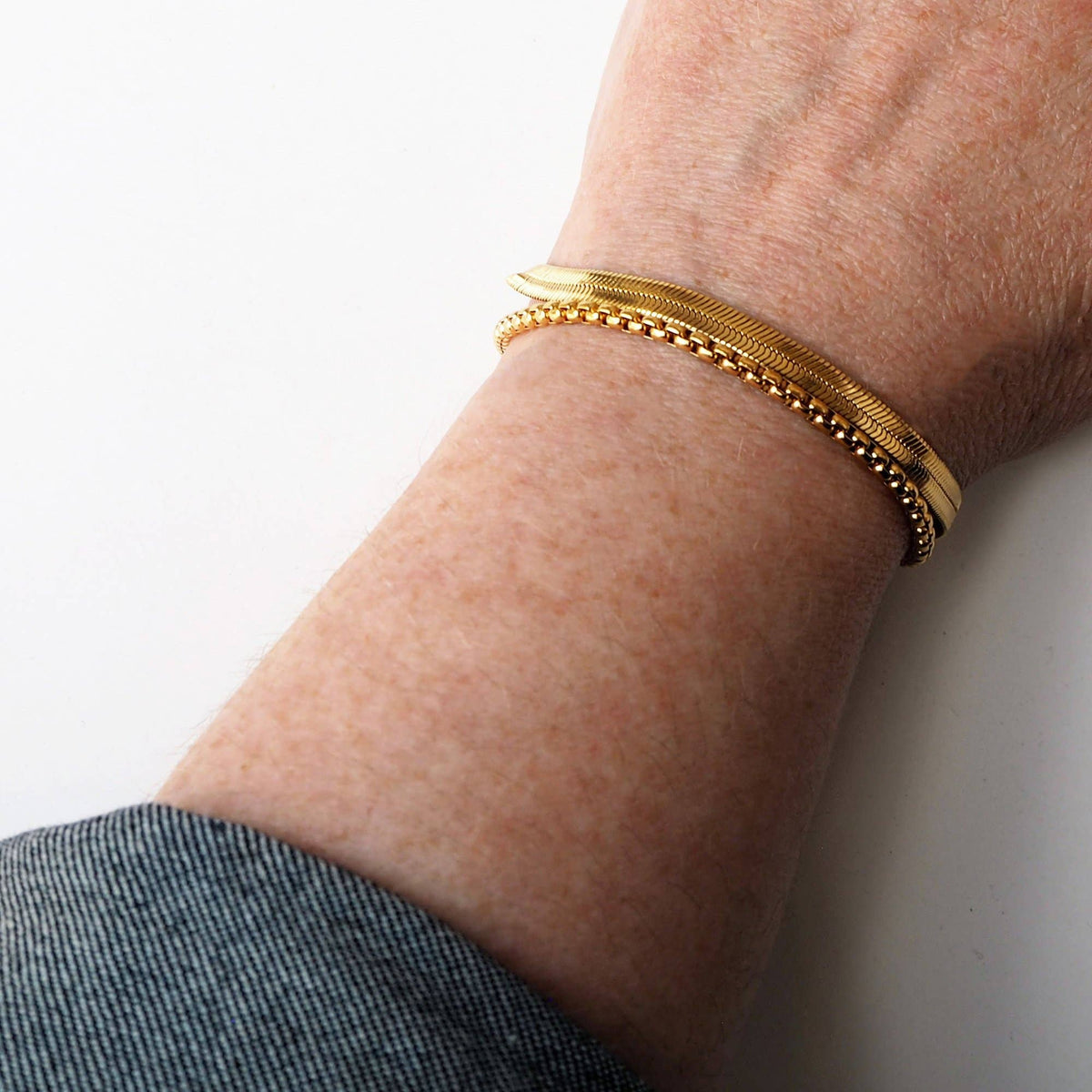 Waterproof gold layered herringbone and box chain bracelet