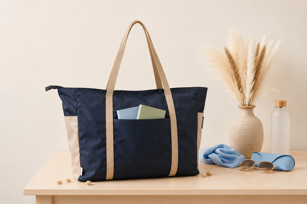 Front view of navy eco friendly ocean bound plastic shopper bag