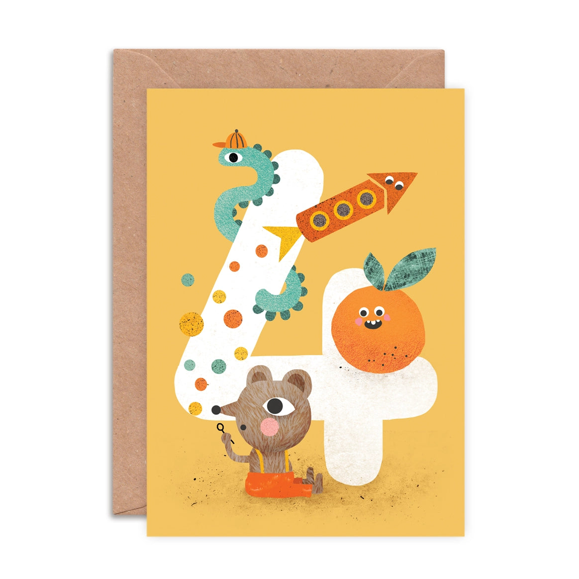 Age 4 Crazy Critters Birthday Card by Emily Nash featuring colourful animal illustrations