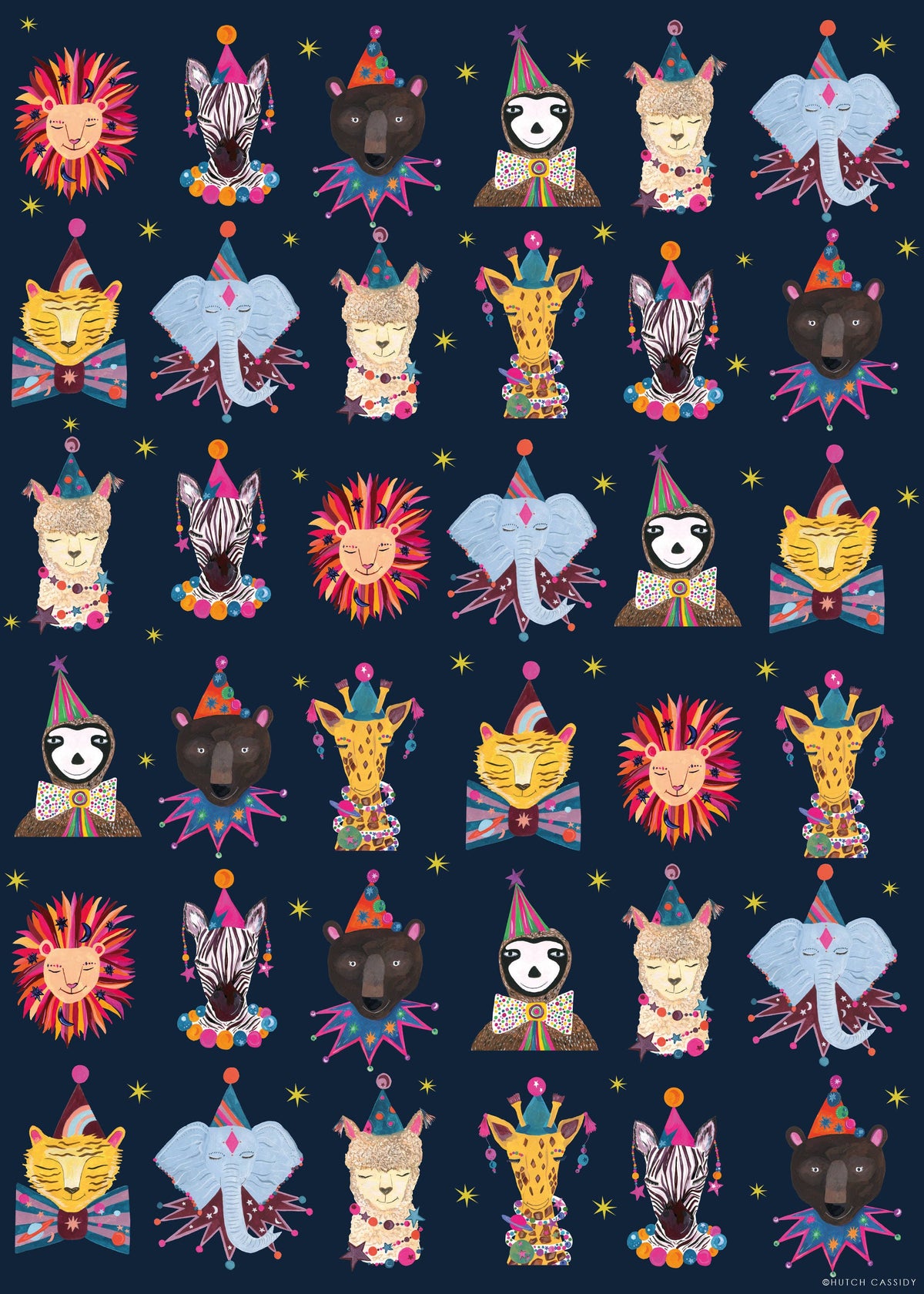 Detail of party animal illustrations on sustainable gift wrap