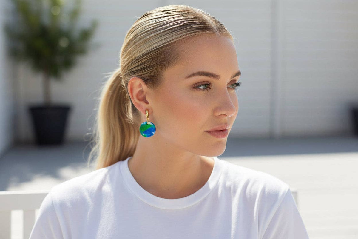 Park Life small round polymer clay dangle earrings with gold hoop studs