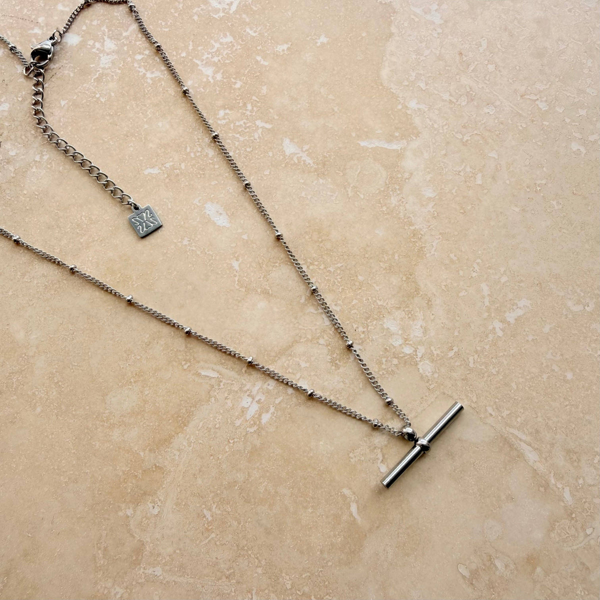 Waterproof Silver Bar Pendant Necklace close up