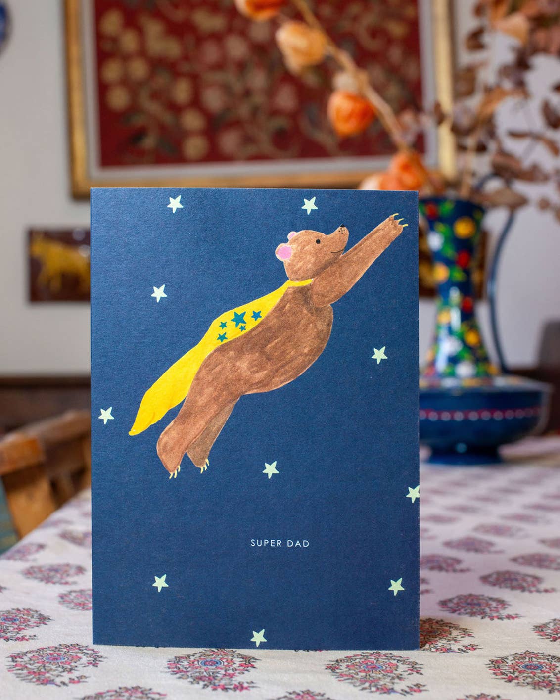 Hand-illustrated superhero bear card for Dad