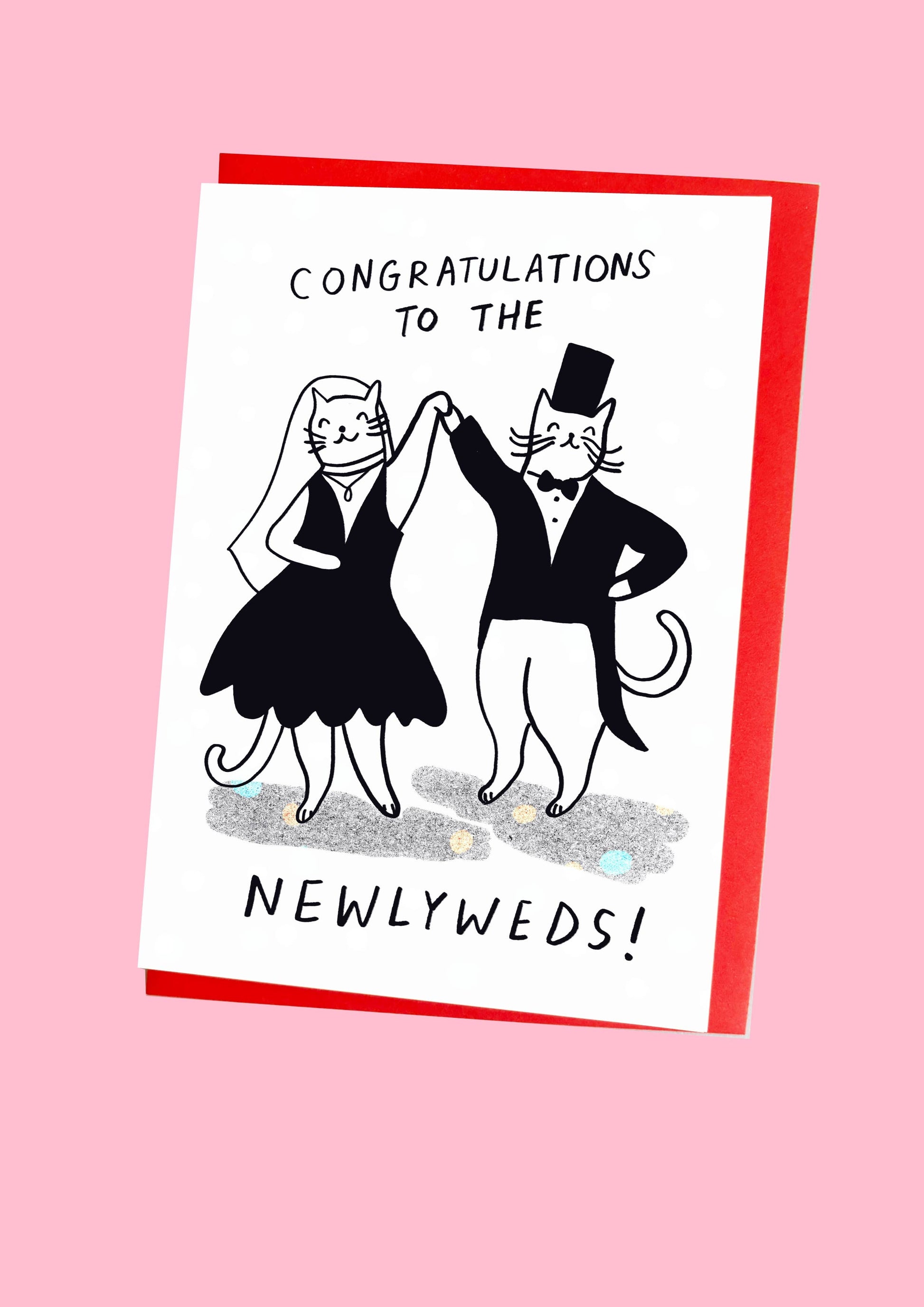 Hand-illustrated newlywed cat card, blank inside, made in the UK from sustainable Italian card stock