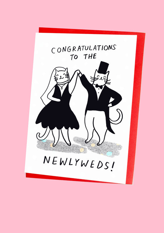 Hand-illustrated newlywed cat card, blank inside, made in the UK from sustainable Italian card stock