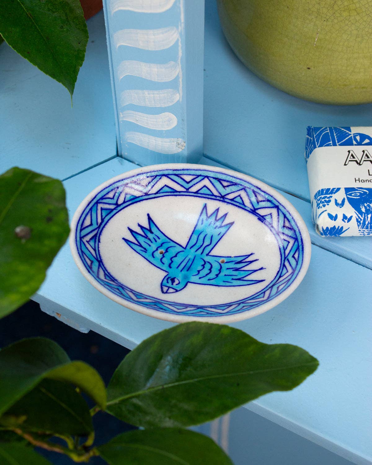 Handmade ceramic soap dish with traditional Indian blue pottery design