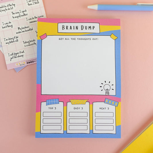 A5 Brain Dump Notepad by Sunshine Lane—lined pages with ‘Top 3’, ‘Easy 3’, ‘Next 3’ tasks section, 120gsm paper.
