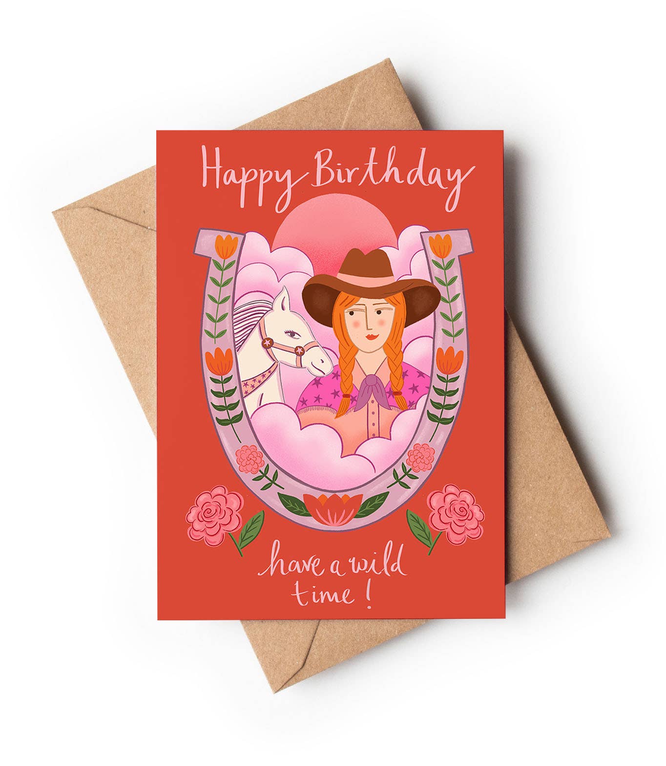Red Cowgirl Horseshoe Birthday Card featuring a sassy cowgirl and pony