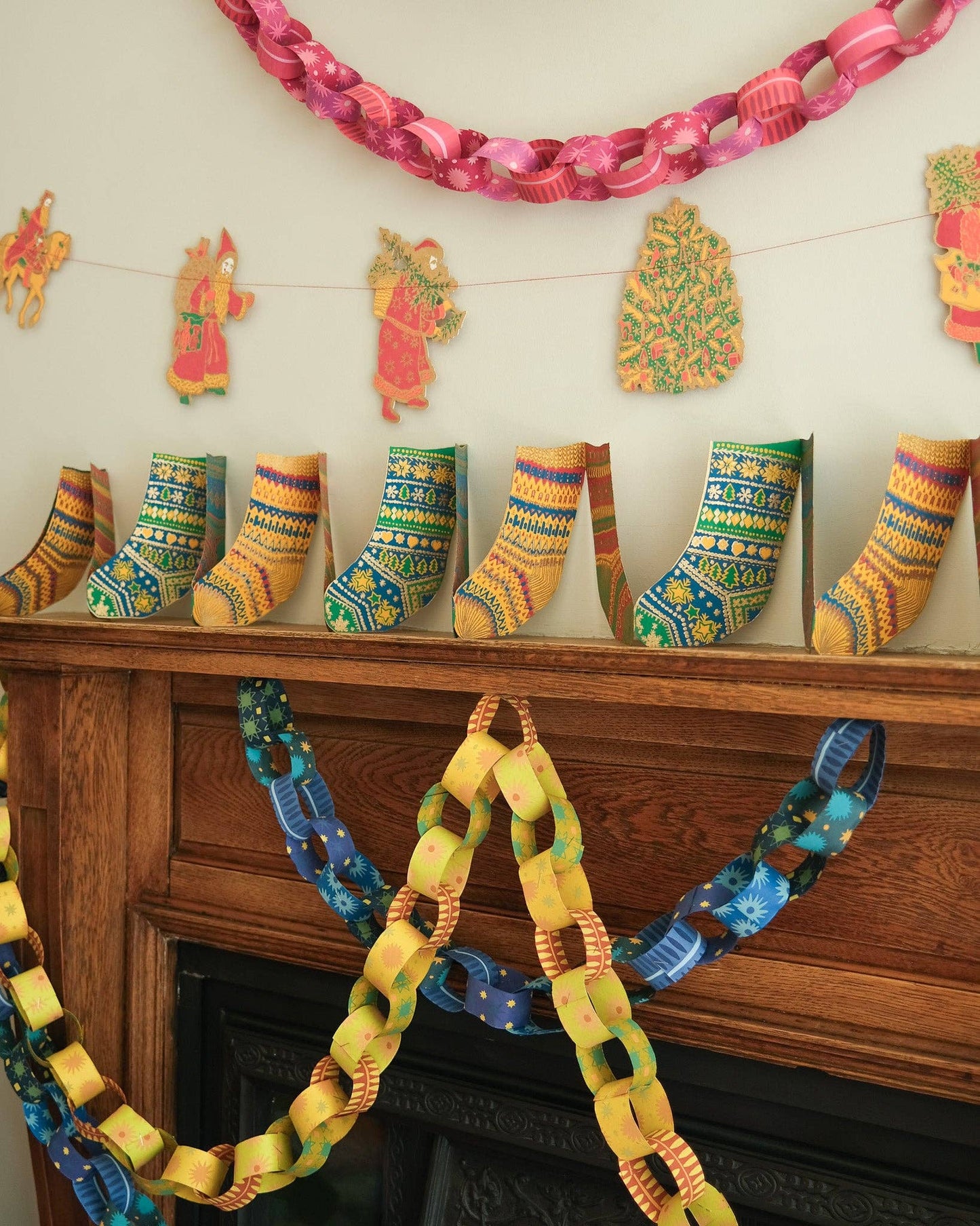 Creative display of blue and yellow sustainable paper chain decor