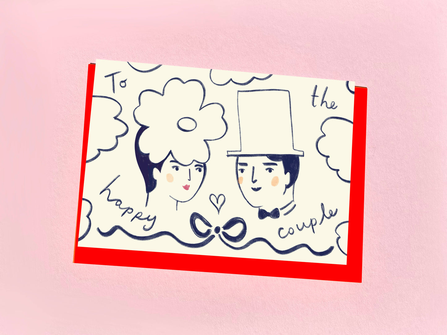 Kitty Kenda Happy Couple Greeting Card with top hat and floral crown, sustainably sourced G F Smith paper, UK made. Reads 'To the happy couple'.