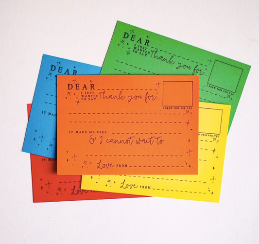 Set of 5 children’s colourful thank you cards by Soch & Co., hand letterpress printed with fill-in-the-blank prompts and drawing box, with matching envelopes.
