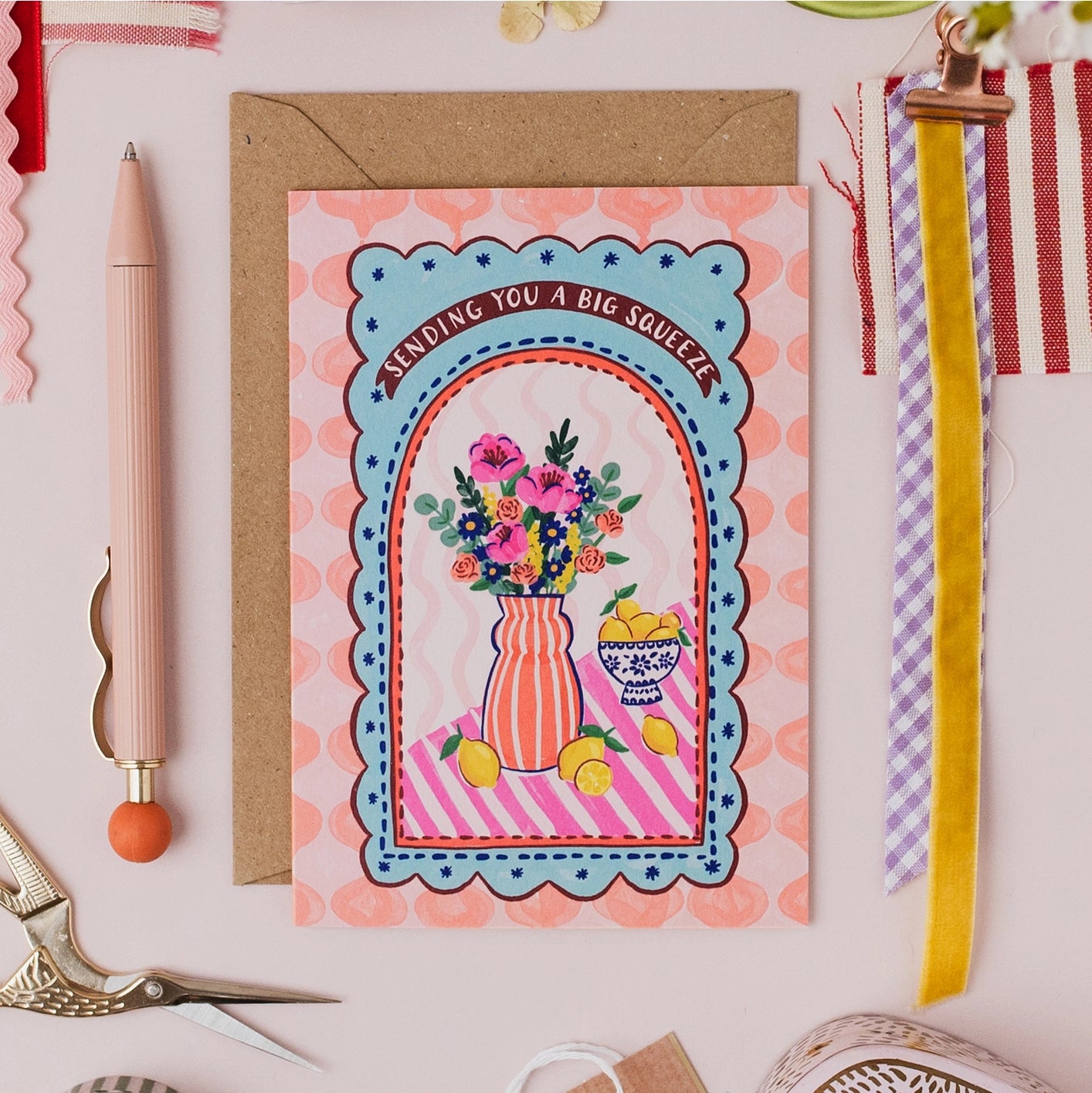 Thinking of You Card 'Big Squeeze' with lemon and flowers illustration and Italian tile background