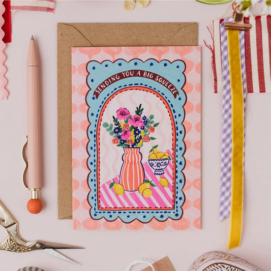 Thinking of You Card 'Big Squeeze' with lemon and flowers illustration and Italian tile background