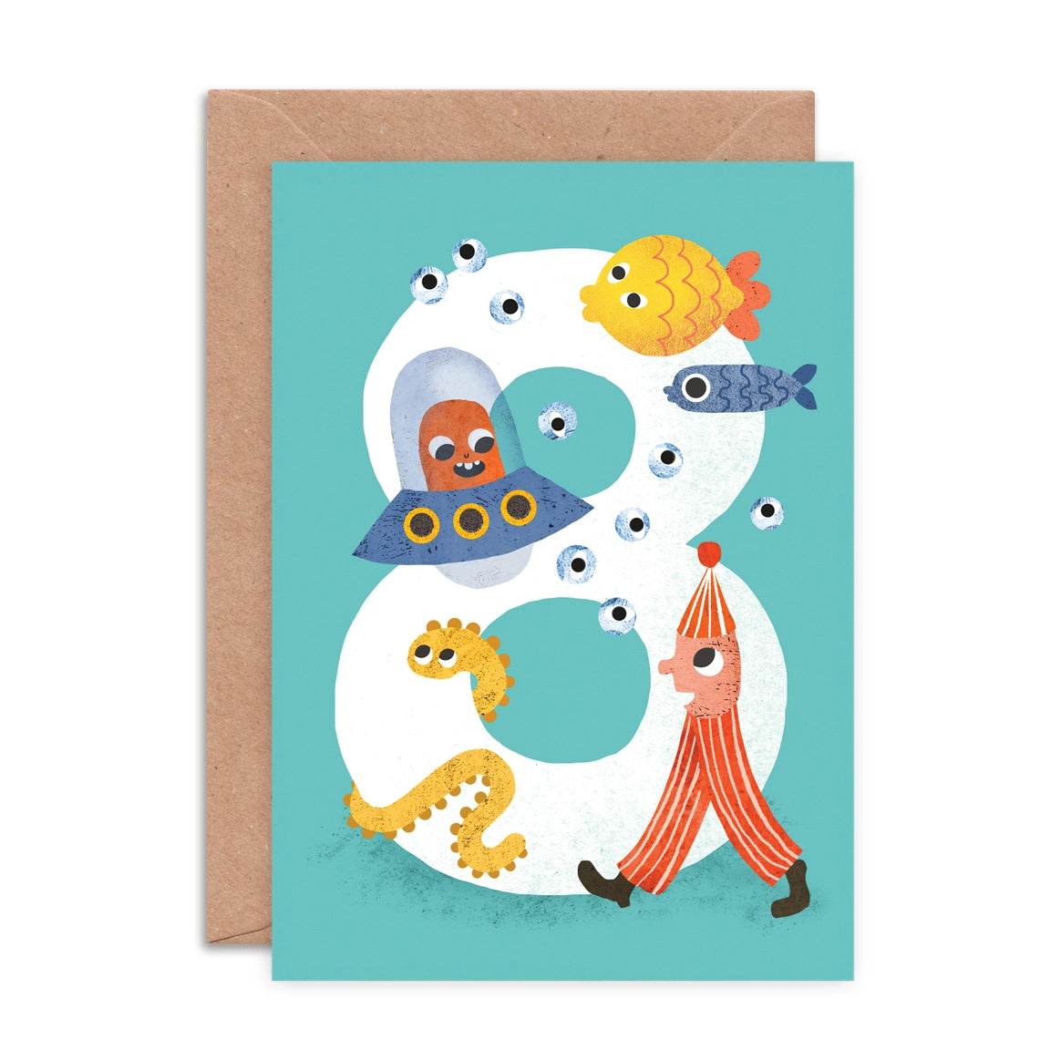 Age 8 Birthday card, fun characters. Emily Nash Illustration, made in the UK.