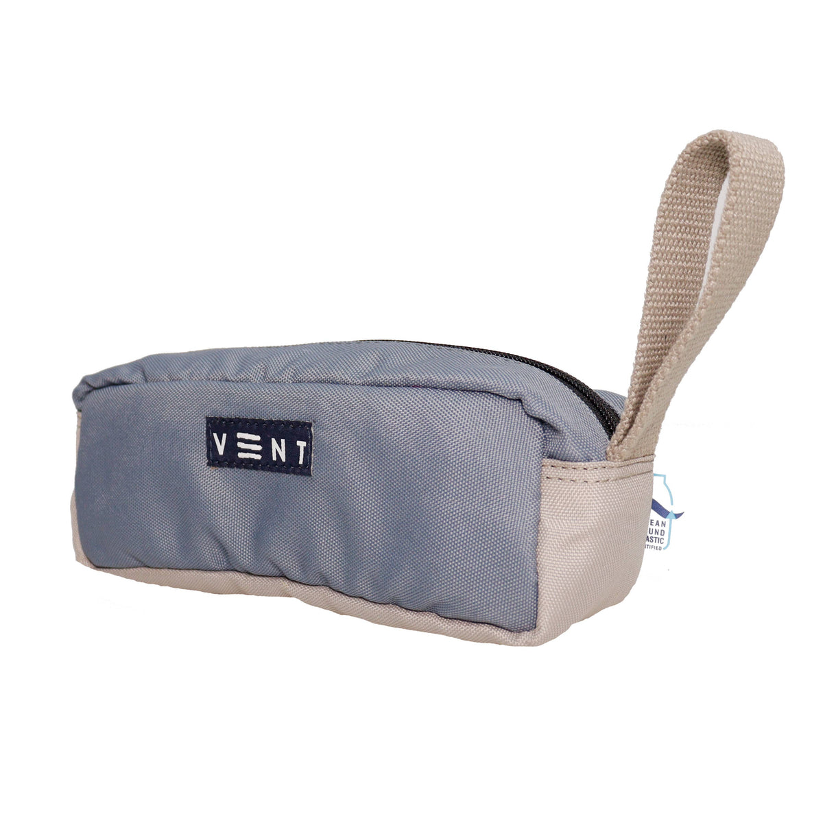 Back angle of dusty blue ocean bound plastic pencil case
