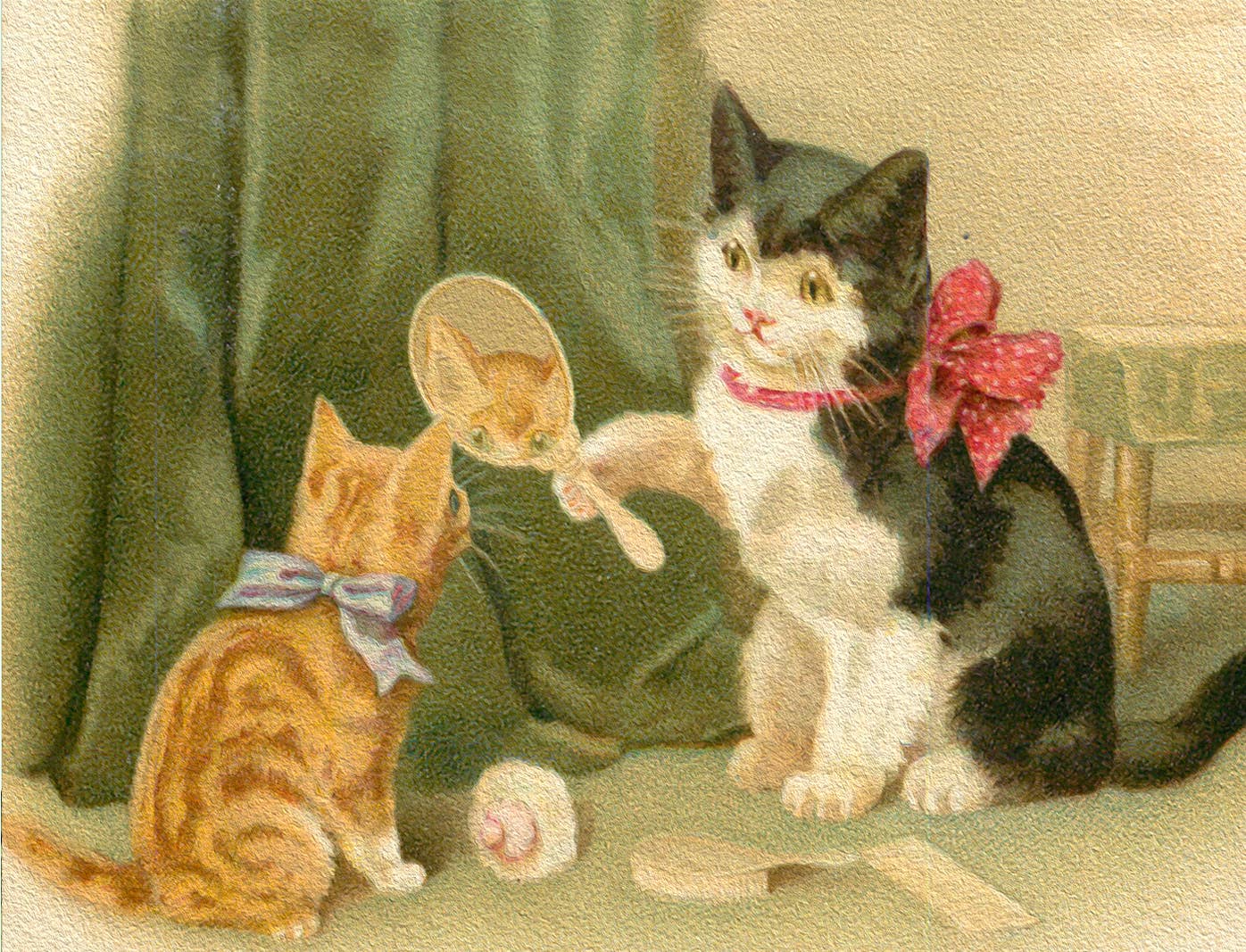 Little vintage greeting card featuring two cats with a mirror, vintage illustration style, 9x12cm, sustainably sourced ivory envelope, made in England.