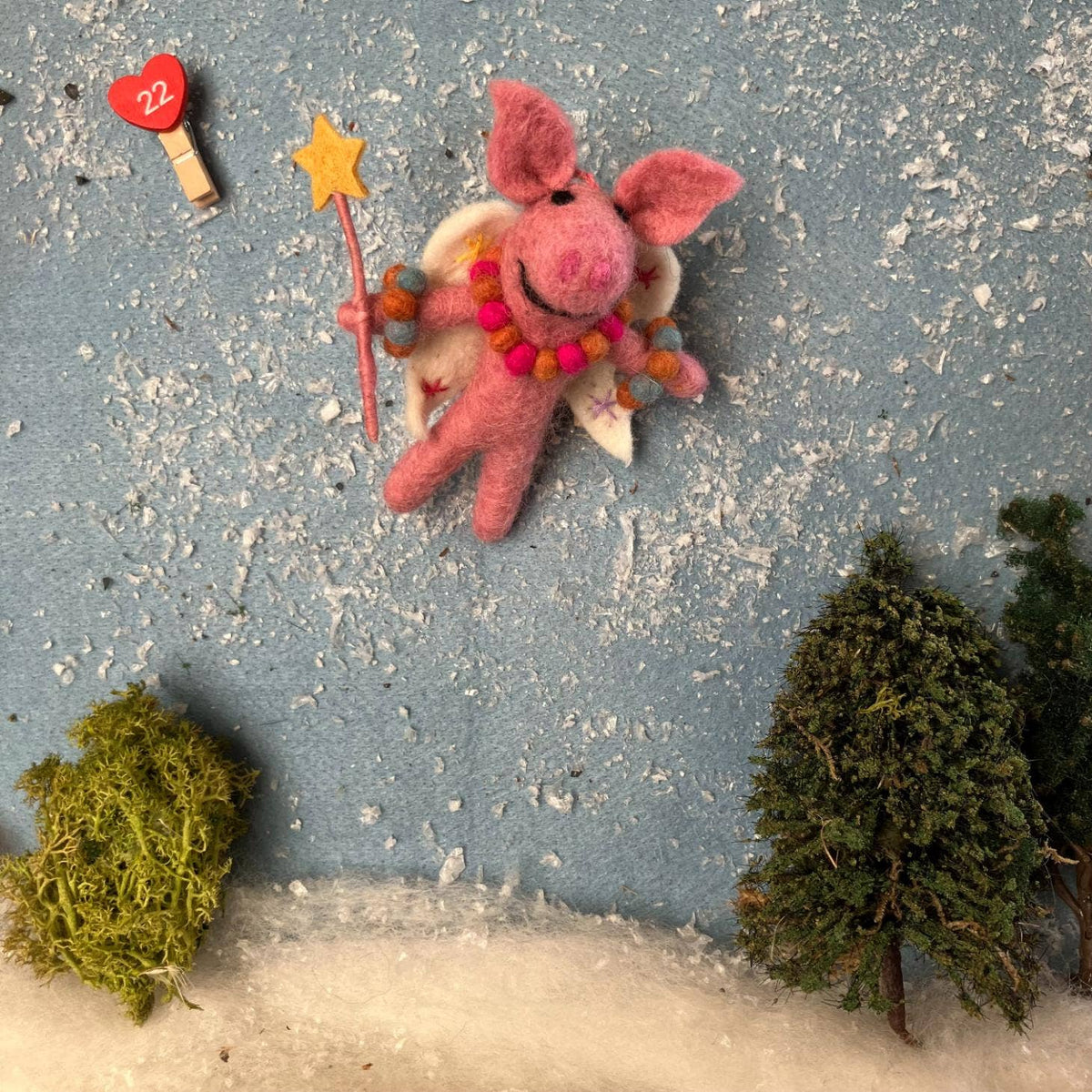 Handmade felt ball jewellery and wire star wand on Penelope fairy pig