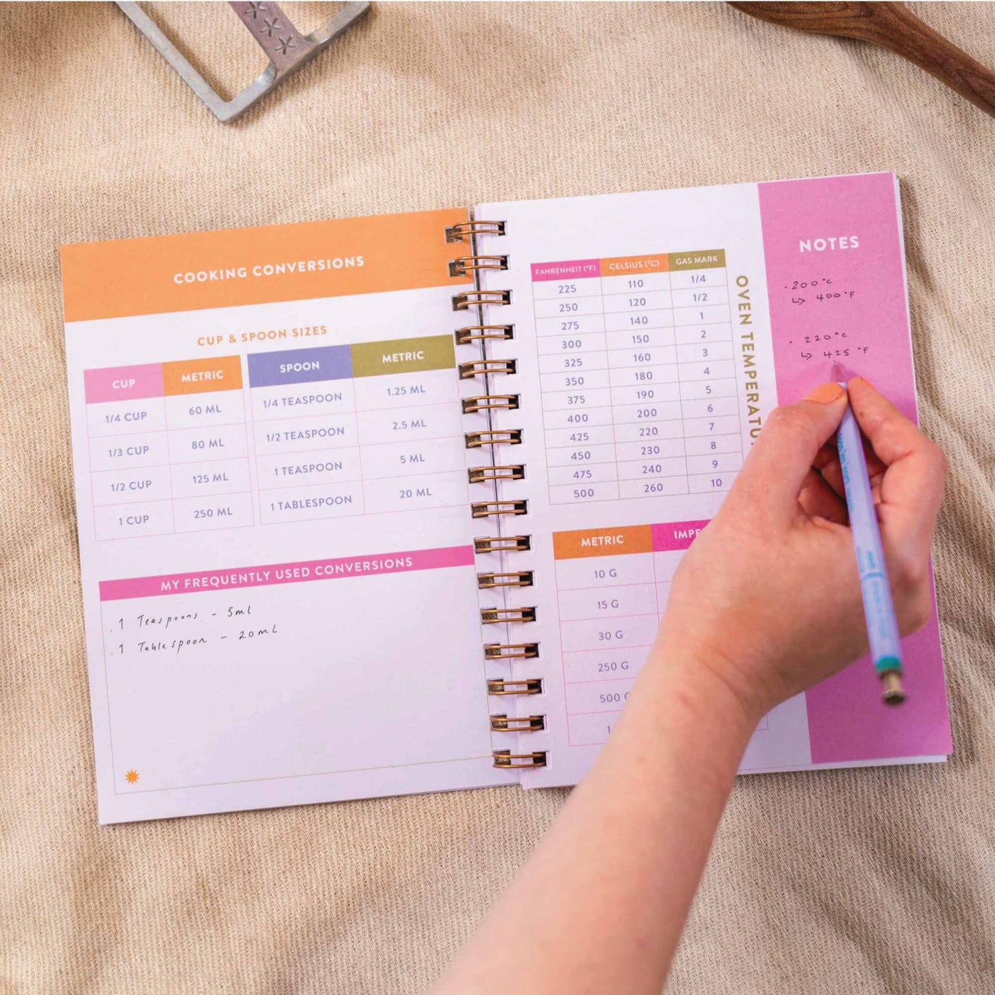 Cooking conversions page inside the A5 hardback recipe book