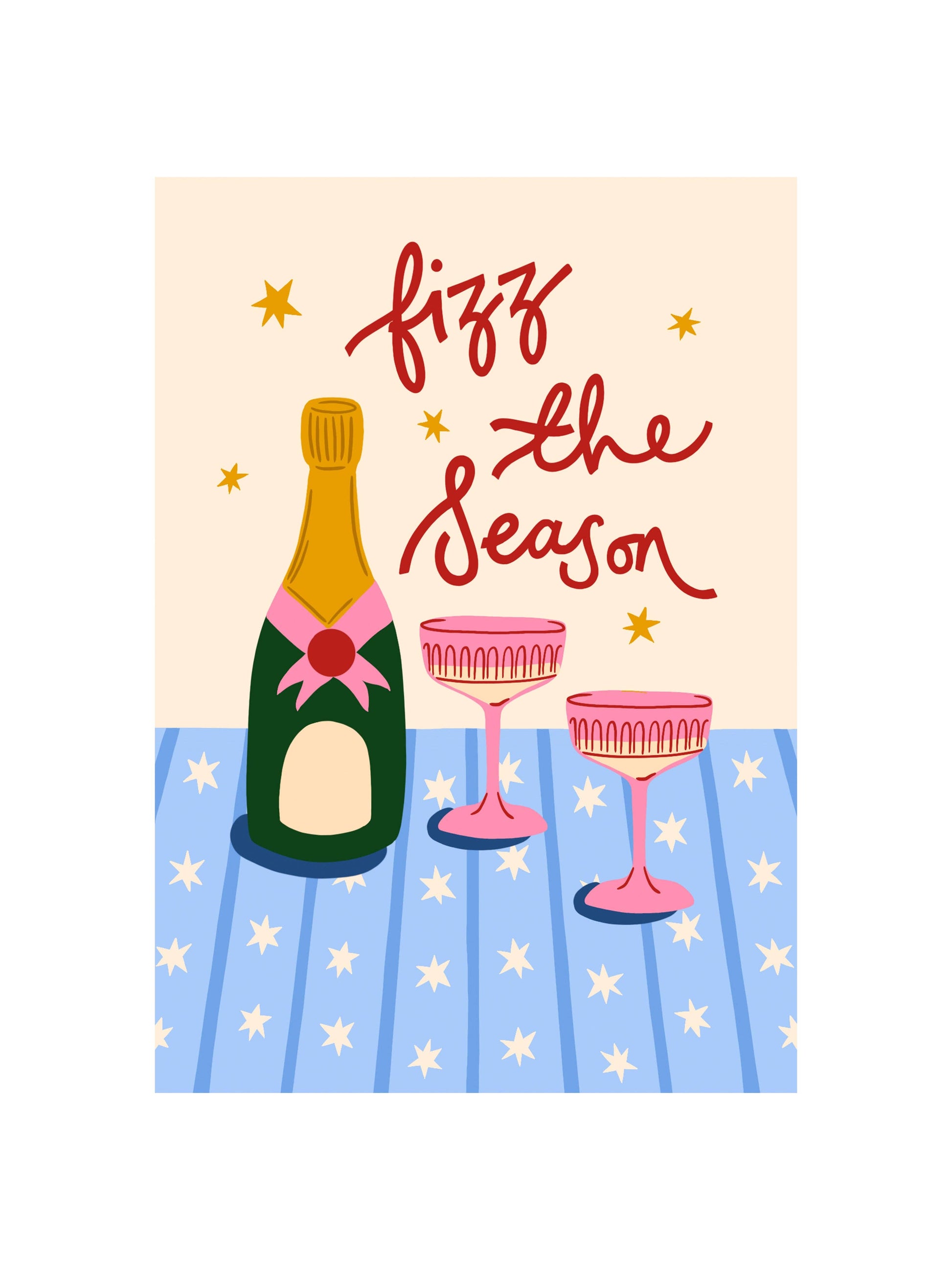 A6 'Fizz the Season' Christmas card with a hand-drawn champagne bottle and bubbles, accompanied by a brown kraft envelope on a plain background.
