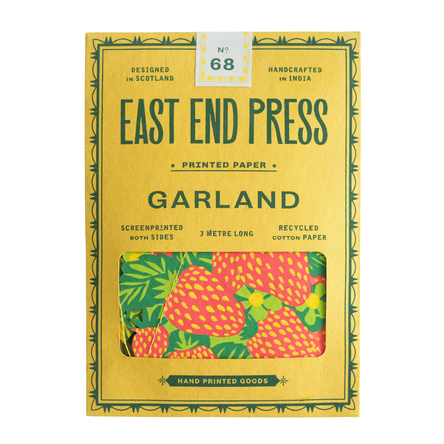East End Press packaged Fruit Sewn Garland, featuring vibrant fruit illustrations. Recycled paper, 3-metre length, eco-friendly decor.