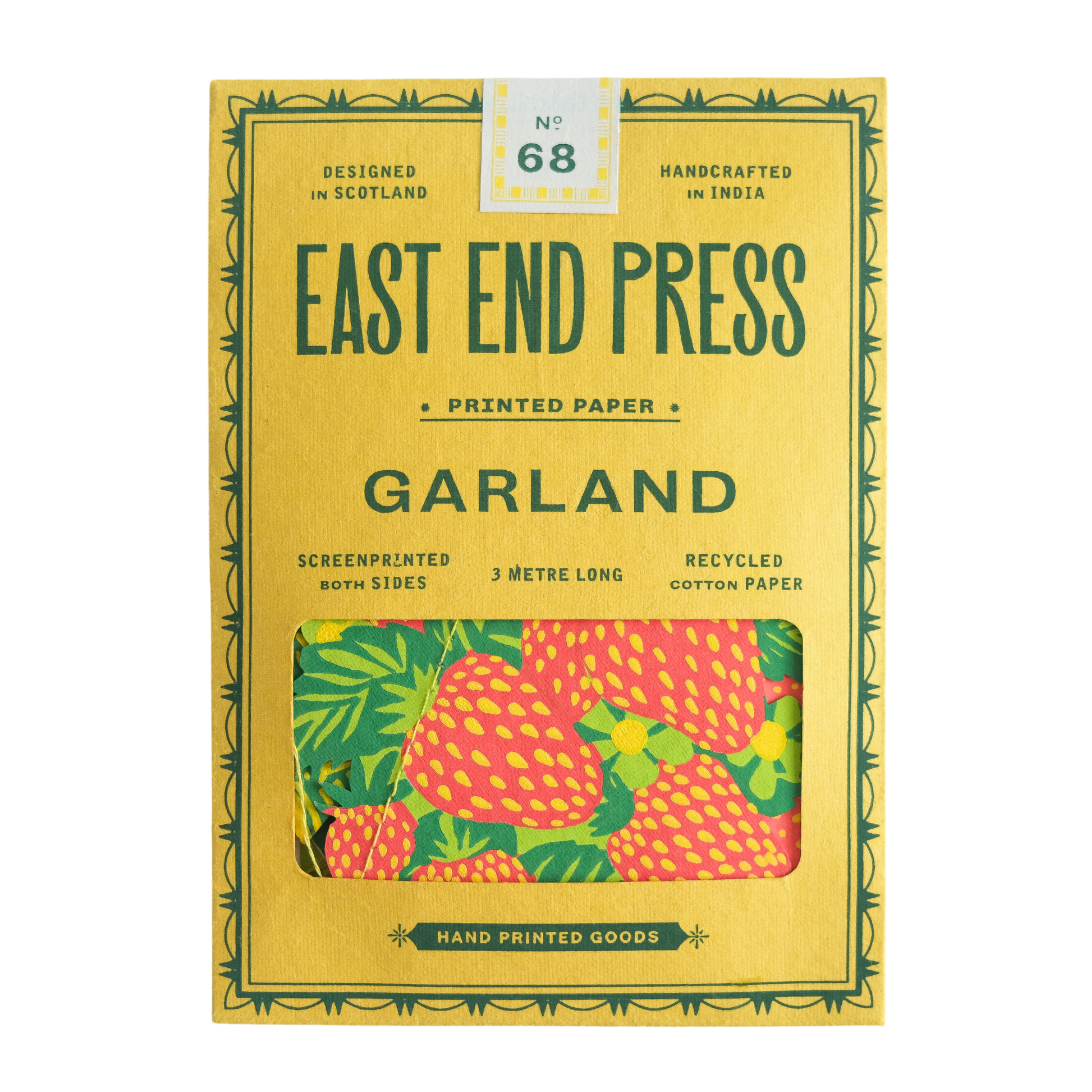 East End Press packaged Fruit Sewn Garland, featuring vibrant fruit illustrations. Recycled paper, 3-metre length, eco-friendly decor.