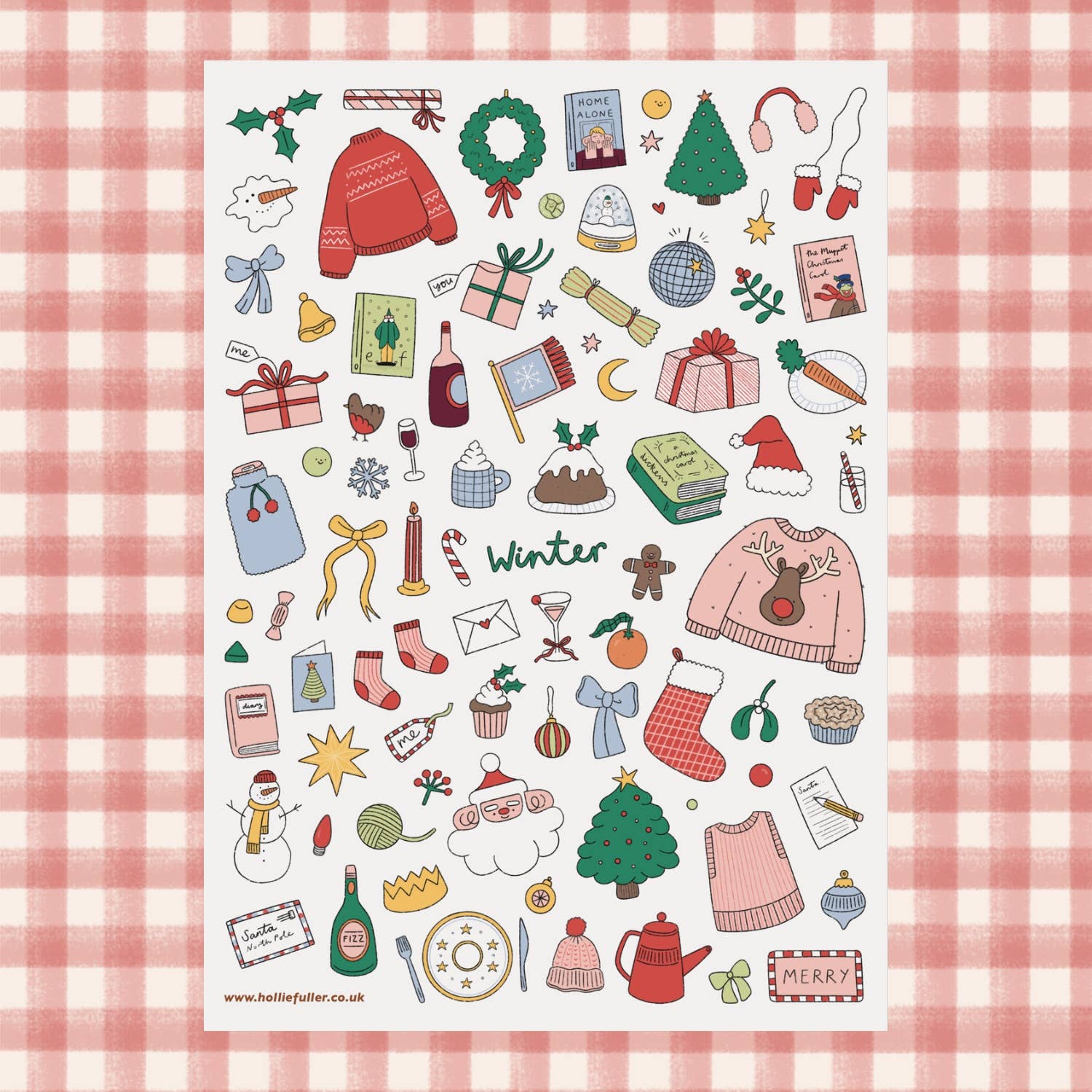 Winter Sticker Sheet by Holly Fuller – 60+ waterproof vinyl stickers on A5 sheet, UK designed seasonal art perfect for scrapbooking, journaling, and sustainable crafts.