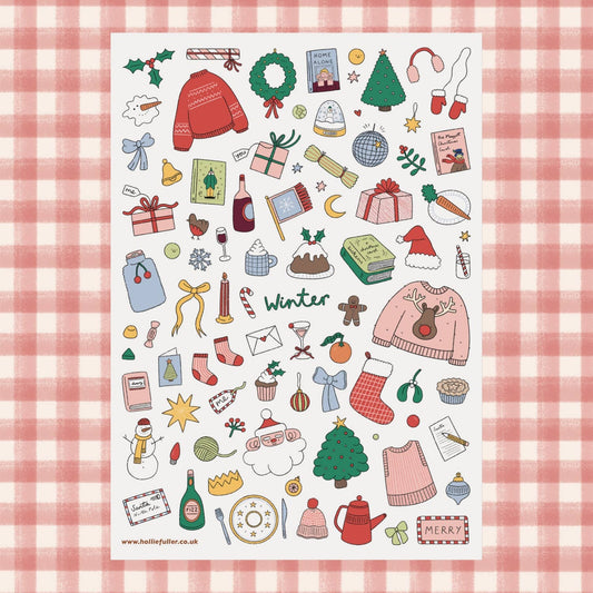 Winter Sticker Sheet by Holly Fuller – 60+ waterproof vinyl stickers on A5 sheet, UK designed seasonal art perfect for scrapbooking, journaling, and sustainable crafts.