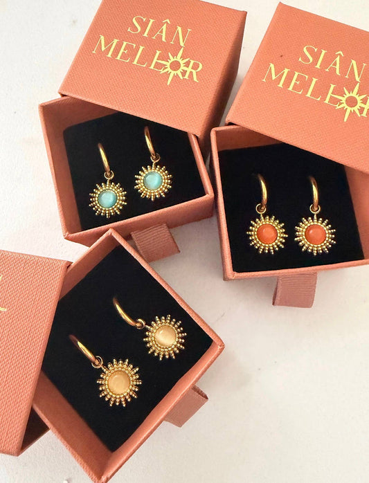 18k gold plated sun hoop earrings in pink, blue, and white
