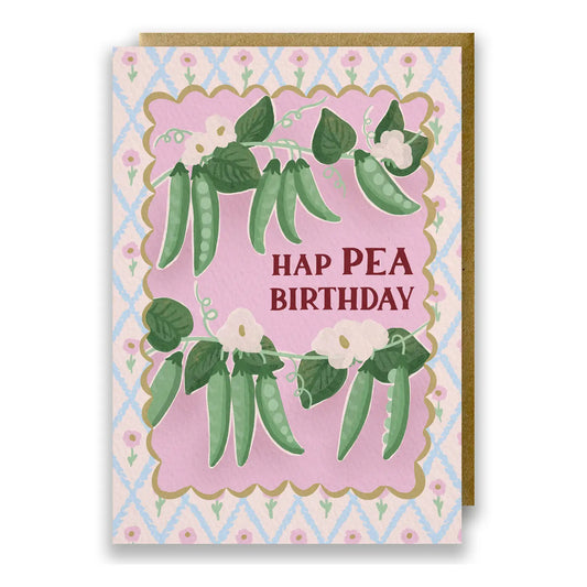 Hap Pea Birthday Card with illustrated peas and flowers by Jessie Maeve Studio
