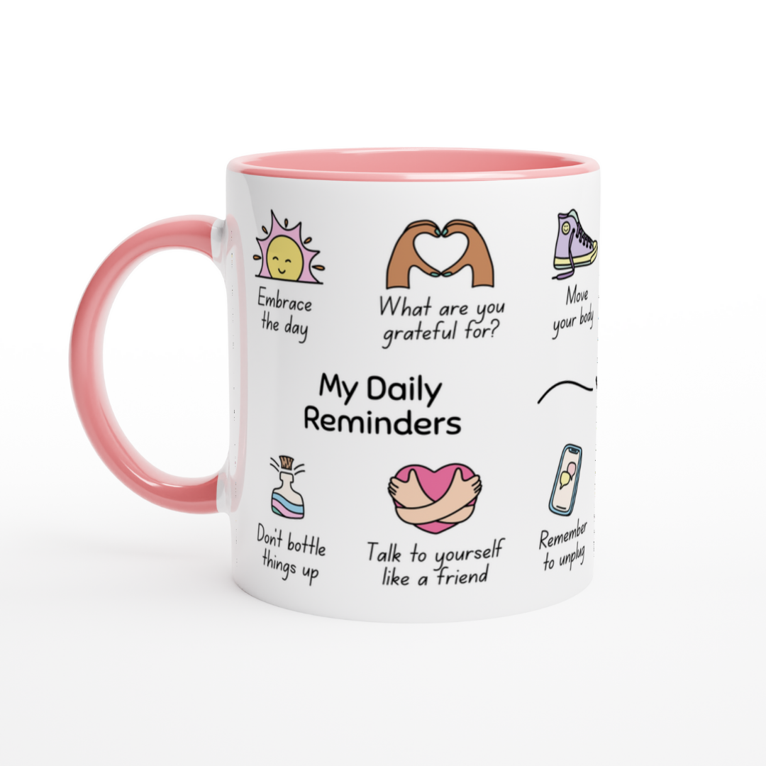 Daily Reminders mug showing whimsical illustrations