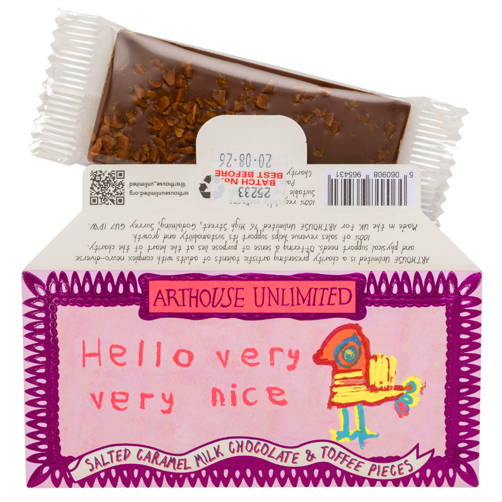 Back of the recyclable paper envelope for Joy-Sized chocolate