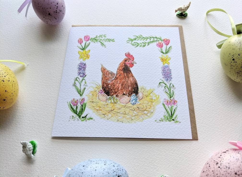 Close up of Easter Chicken card with kraft envelope
