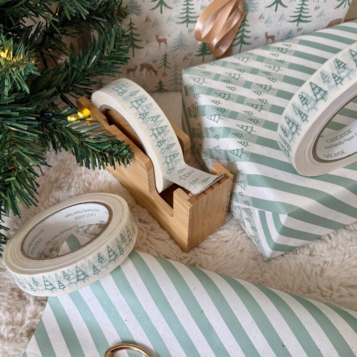 Green Christmas Tree Paper Tape on white kraft, 24mm x 50m, vegan ink, plant-based adhesive, plastic-free recyclable gift wrap tape