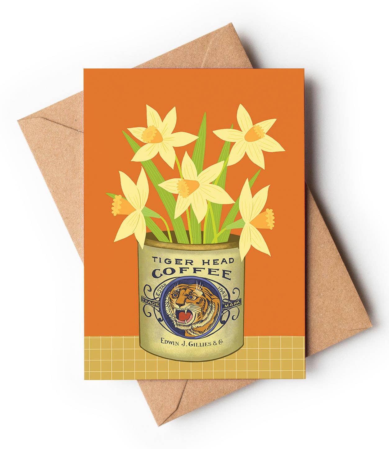 Daffodils in a vintage coffee tin illustration on an A6 yellow greetings card