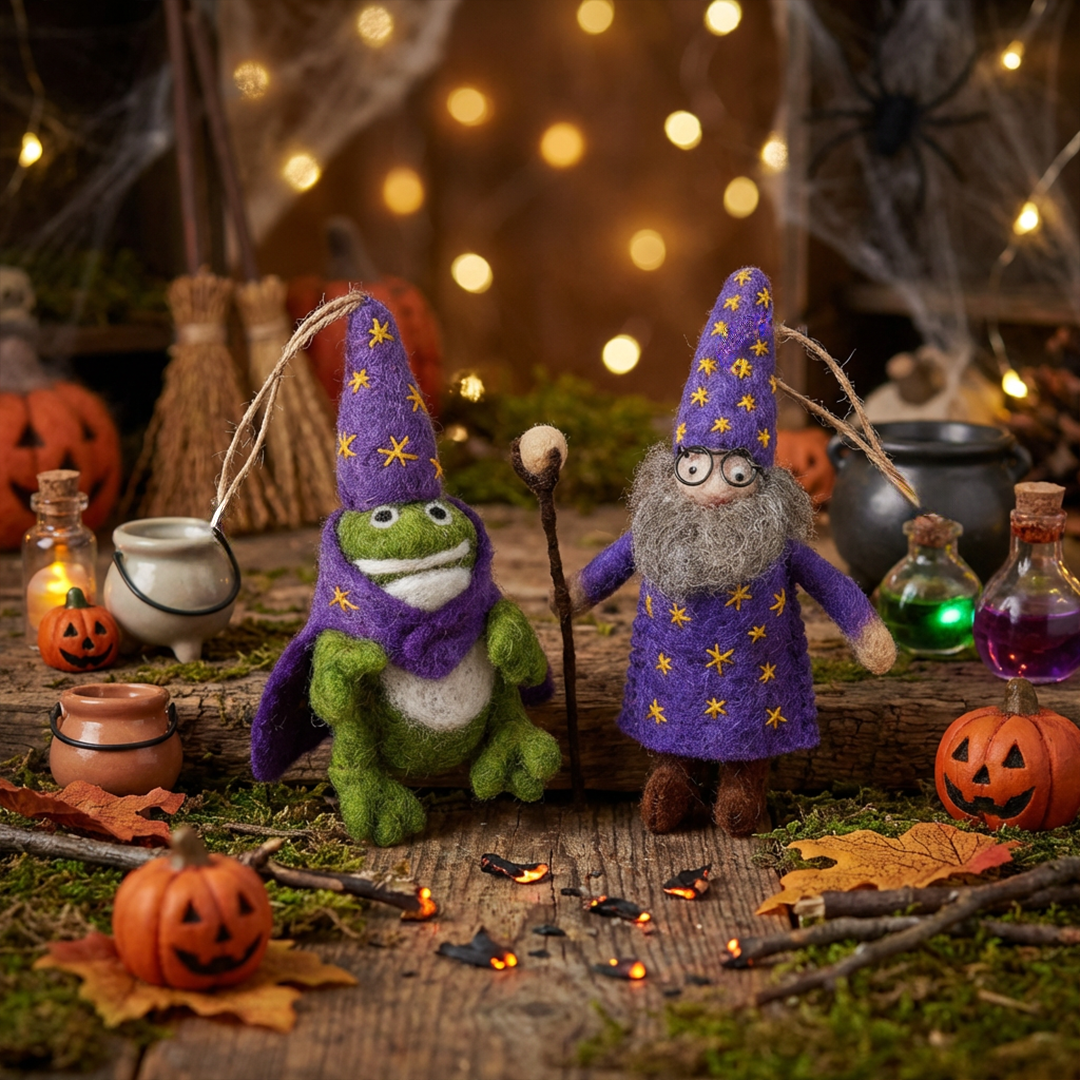 Eco-friendly handmade felt wizard frog Halloween ornament