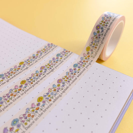 Be a Wildflower Washi Tape with a charming floral garden and uplifting quotes. Perfect for eco-friendly crafting.