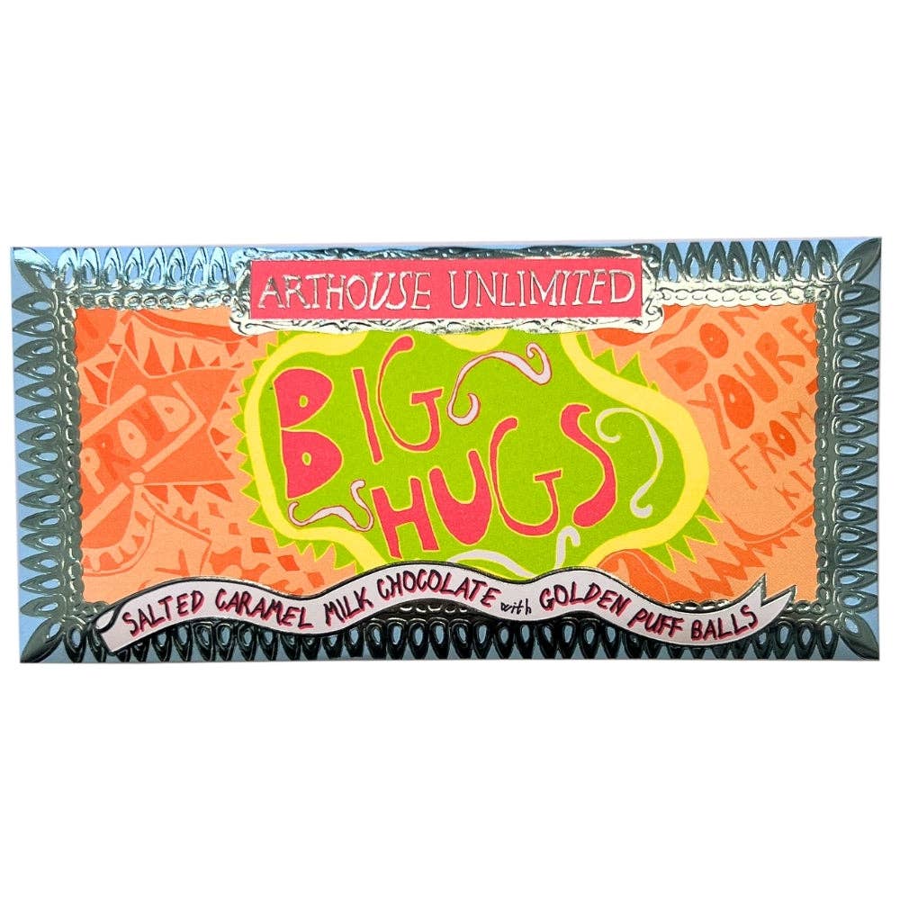Joy-Sized Big Hugs Salted Caramel Milk Chocolate in blue foiled packaging