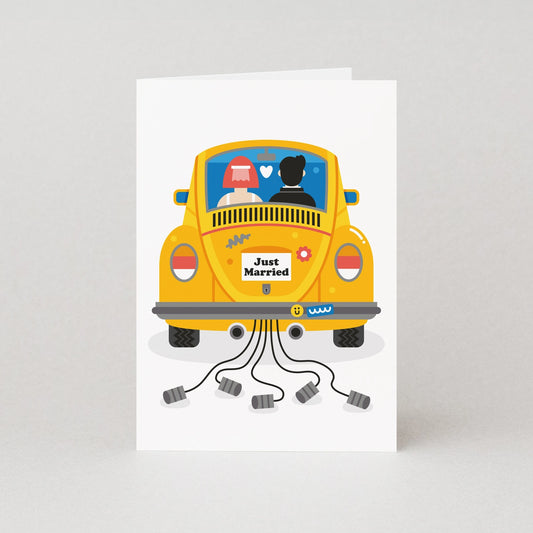 Illustrated wedding card showing bride and groom in yellow VW beetle, trailing cans, colourful style, A6, eco-friendly, UK made.