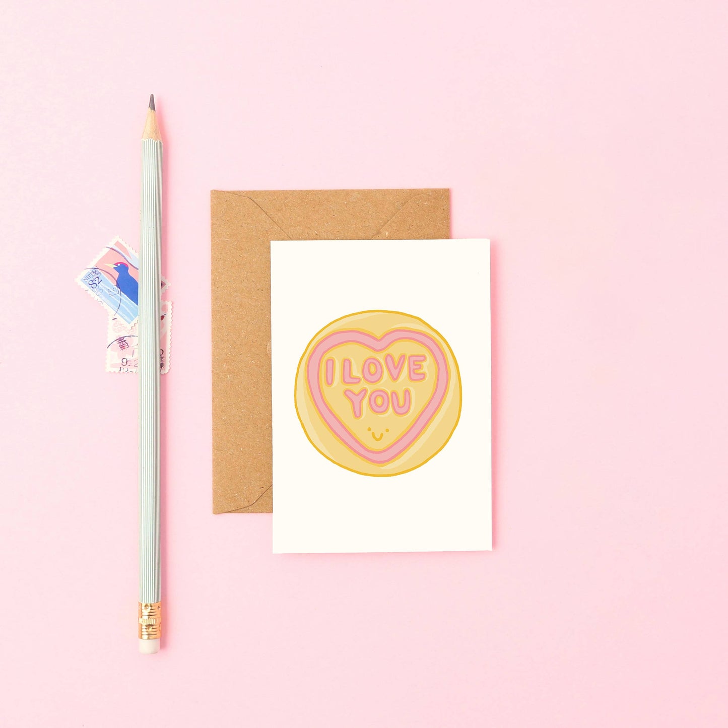 Love Heart Mini Greetings Card with 'I Love You' text and smiley face