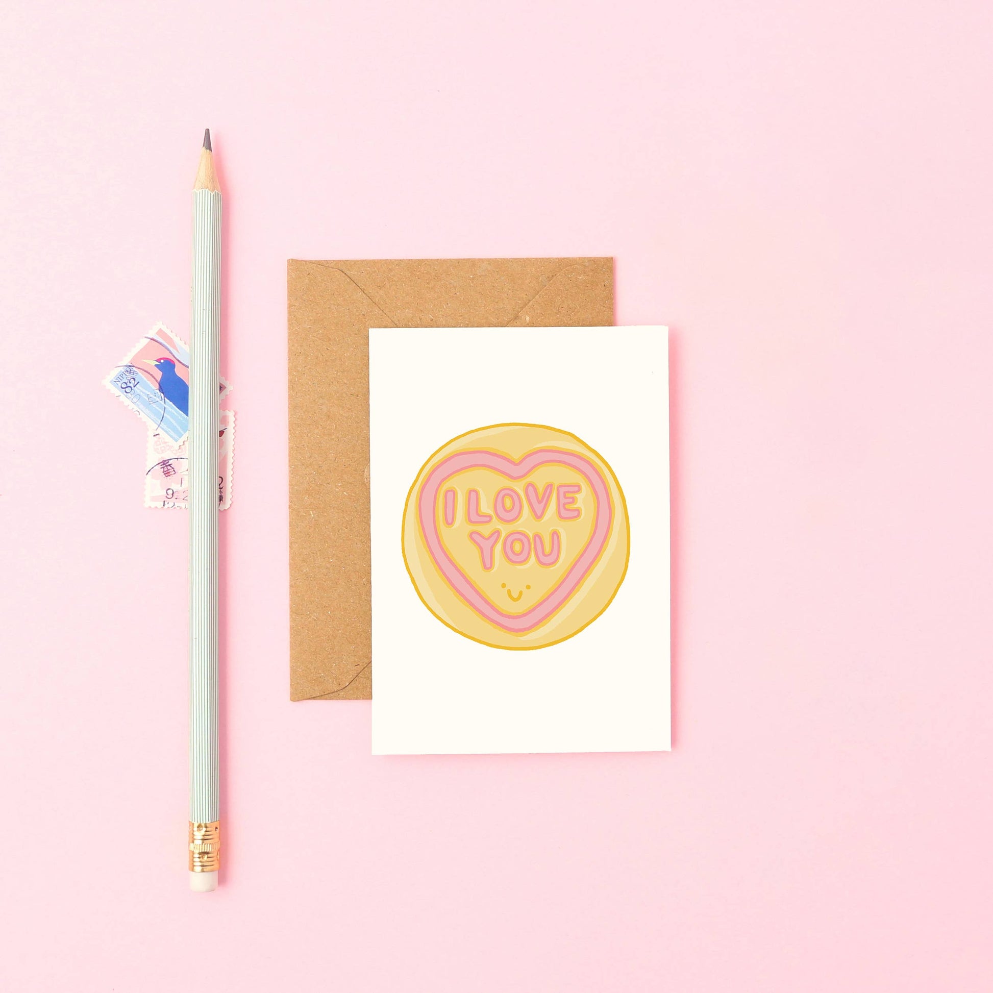 Love Heart Mini Greetings Card with 'I Love You' text and smiley face
