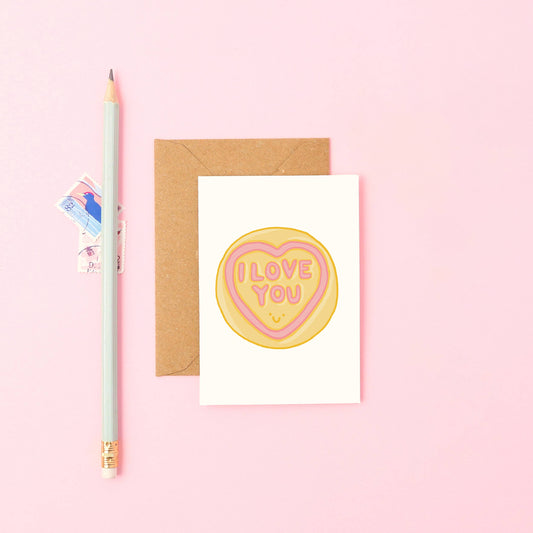 Love Heart Mini Greetings Card with 'I Love You' text and smiley face