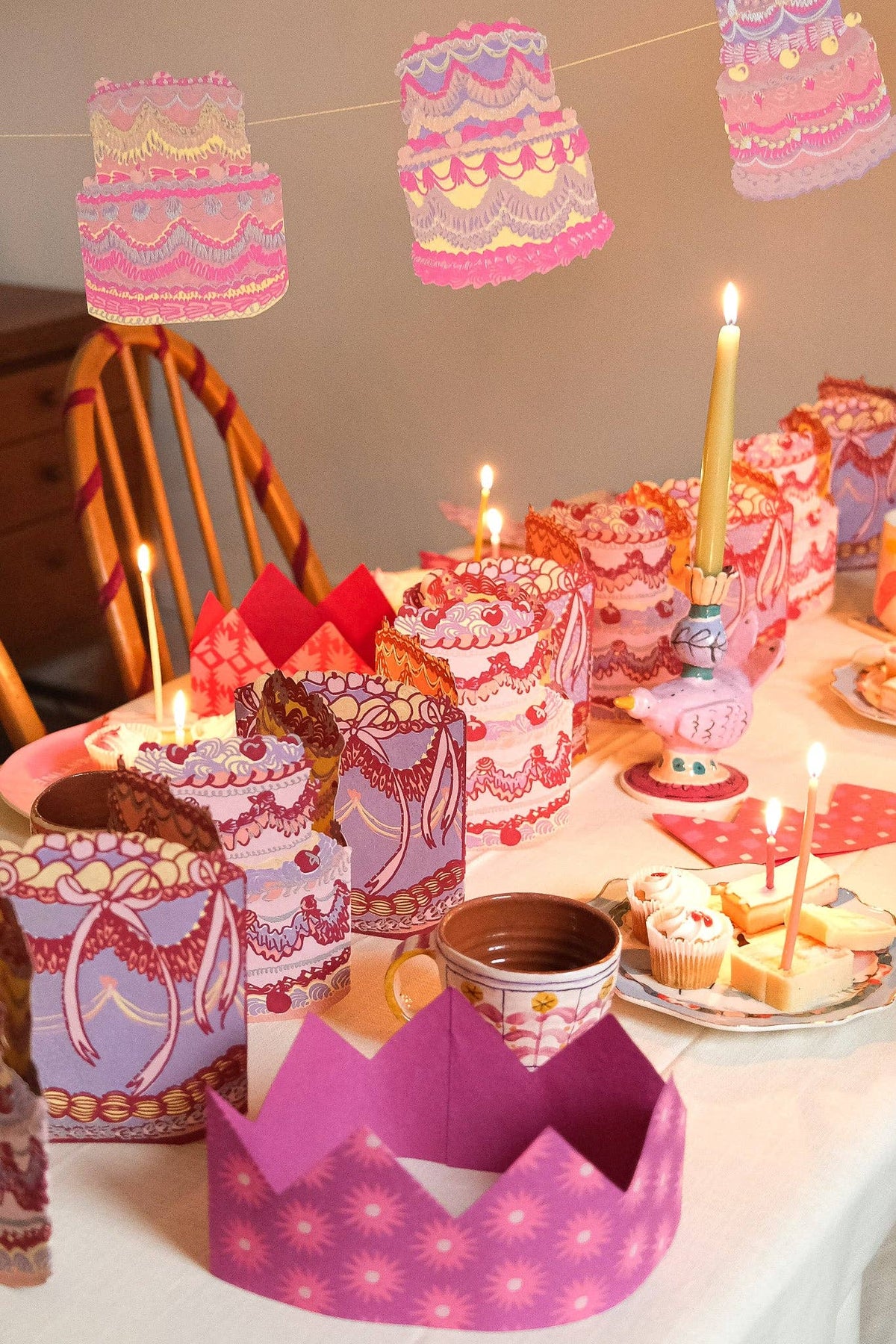 Hand screen printed celebration cakes bunting detail