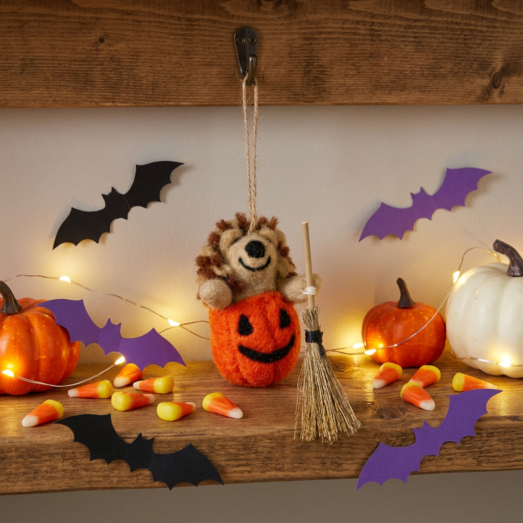 Handmade Felt Halloween Hedgehog Hanging Decoration in Pumpkin