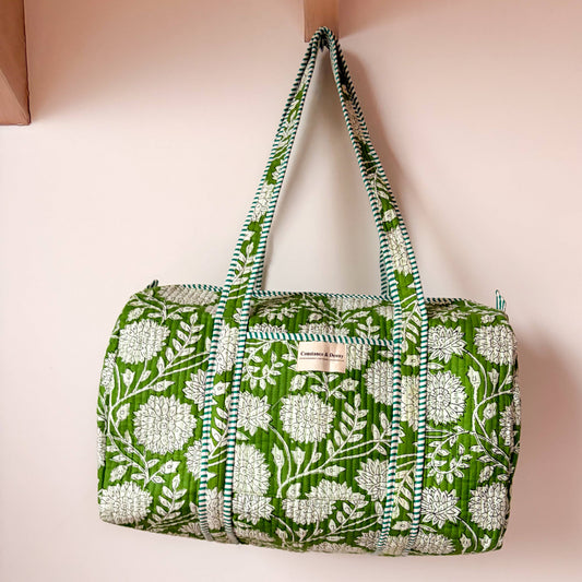 Handmade block printed cotton duffle weekend bag with quilted texture