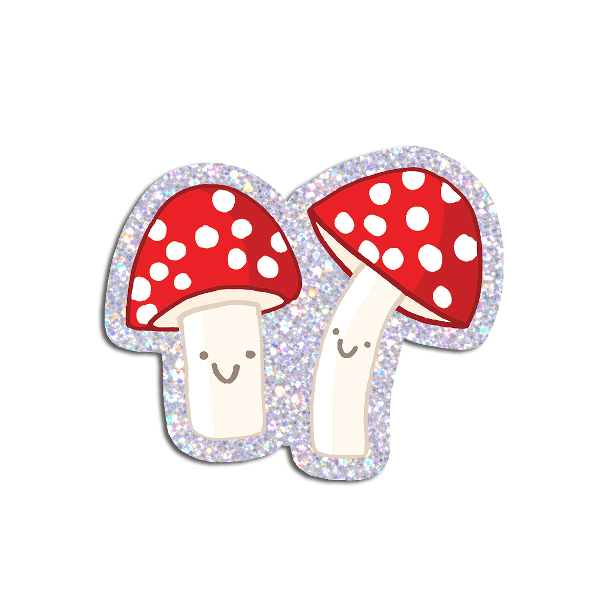 Holographic glitter die-cut sticker featuring hand-drawn Fly Agaric mushrooms