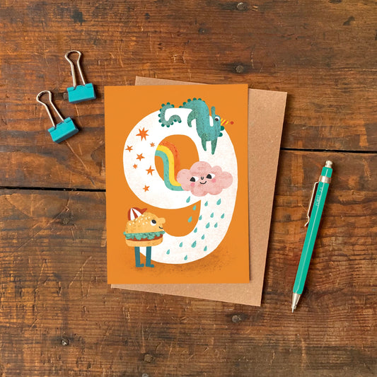 Colourful 9th birthday card with animal illustrations