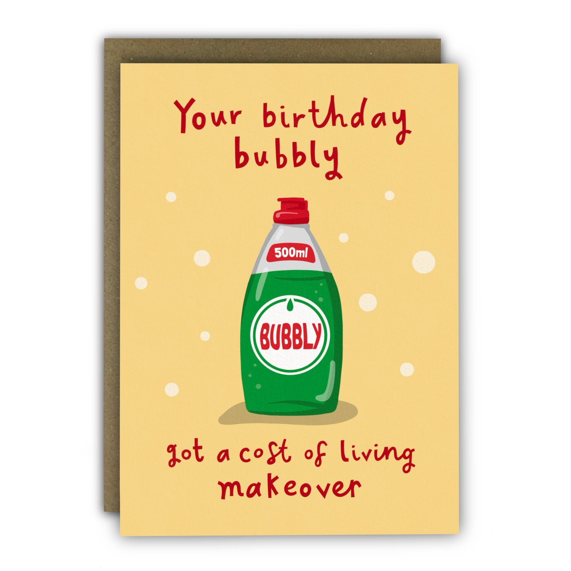 Funny Cost of Living Birthday Card featuring washing up liquid bubbly illustration