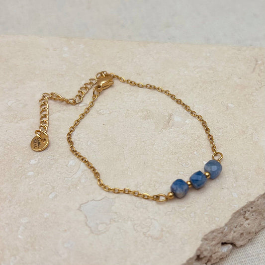 Little Nell lapis trio bead bracelet, gold-plated, waterproof, adjustable chain, and celestial blue lapis lazuli beads